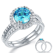 925 Sterling Silver Engagement Halo Ring Set 2 Carat Blue Created Diamond  - $139.99