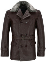 Men&#39;s Genuine brown Leather leder Jacket Military Fur German Pea Coat Un... - £130.08 GBP