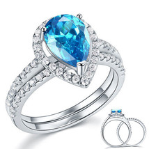 Sterling 925 Silver Wedding Engagement Ring Set 2 Ct Pear Blue Created D... - $149.99