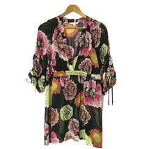 CAbi Women&#39;s Medium Tunic Top V Neck Short Sleeves Empire Waist Black Floral - £19.08 GBP