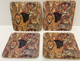 Vintage Jungle Cat Cork and Wood Coasters 4 inches Lot of 4 - £11.65 GBP