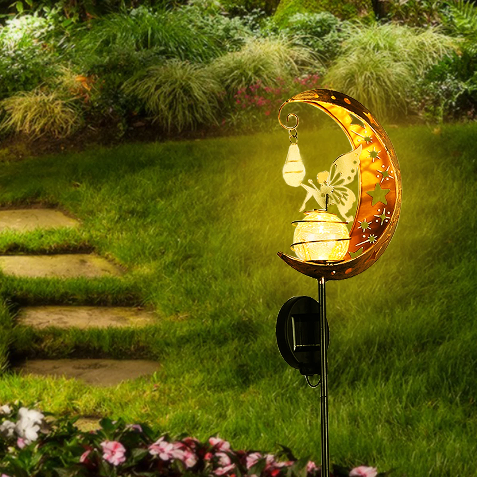 Led Solar Lamp Wrought   Elf and Moon Projector Light  Yard Art Garden Decoratio - £181.52 GBP