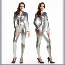 Silver Metallic Long Sleeve Wet Look Faux PU Leather Front Zip Jumpsuit Catsuit 