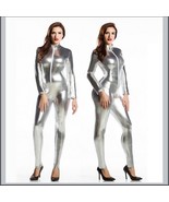 Silver Metallic Long Sleeve Wet Look Faux PU Leather Front Zip Jumpsuit ... - £57.84 GBP