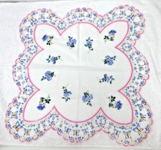 Vintage Cotton Hankie Blue &amp; Pink Floral w Butterfly Scalloped Edge 14 inch - $12.38