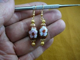 (EE603-29) Rust Brown 12x18 Mm Pink Flower Cloisonne Dangle Oval Earrings Gold - £20.46 GBP