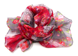 Women new red gray floral print maxi soft scarf warp - $9,999.00
