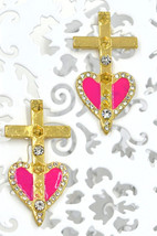Gorgeous new pink enamel clear stone gold cross love heart stud pierced earrings - $9,999.00