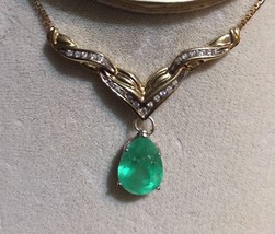 New Estate 7.6 Ct Natural Colombian Emerald &amp; diamond 14k gold drop necklace - £4,747.28 GBP