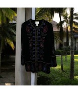 Linea Louis Dell Olia Wool Coat Boucle Woman Size L Black Embroidered Fl... - $102.38 CAD