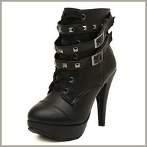 Black Rivet Buckle Strap Gothic Lace Up Ankle High Heel Platform Stiletto Boots