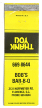 Bob&#39;s Bar-B-Q - Florence, South Carolina Restaurant 20 Strike Matchbook Cover SC - £1.15 GBP