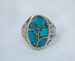 Southwestern Style Silver Tone Turquoise Color Inlay Ring Size 8-1/2 Unmarked - £31.64 GBP