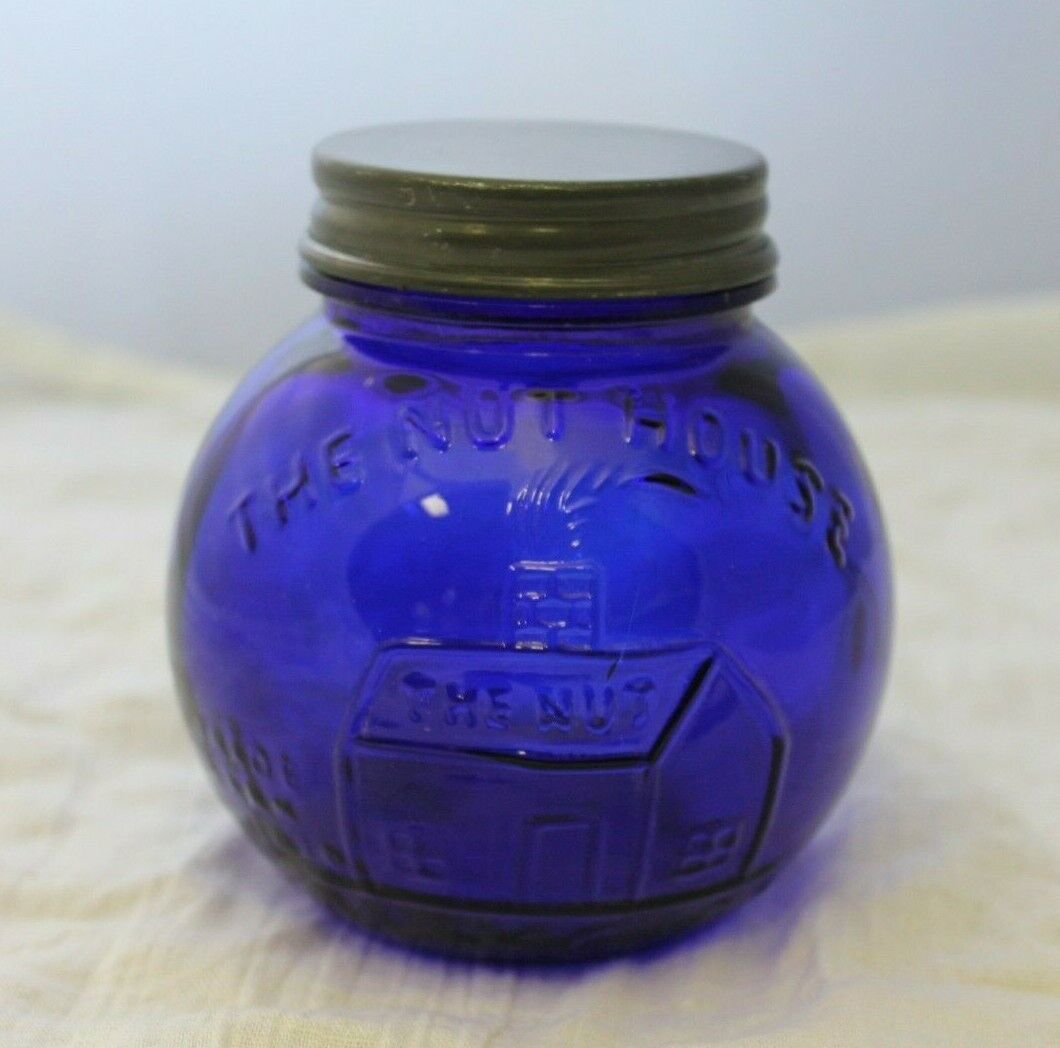 Cobalt Blue Glass Peanut Jar "Nut House" United States Nut Company