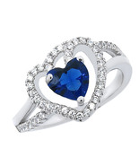 Heart Shaped Halo Ring With Blue Sapphire &amp; White Sapphire In Sterling S... - £22.78 GBP