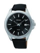 Seiko Men&#39;s 42mm Calfskin Stainless Steel Case Hardlex Quartz Date Watch SUR075 - £67.46 GBP