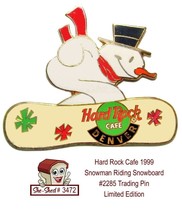 Hard Rock Cafe 1999 Snowman Riding Snowboard 2285 Trading Pin - £10.95 GBP