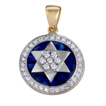 Round Pendant Magen David Jerusalem Gold 14K Diamonds Blue Enamel by Anbinder - £1,090.66 GBP