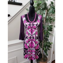 Bisou Bisou Dress Women’s Size 8 Pink Purple Patterned Belted Flare Sleeve - £22.33 GBP