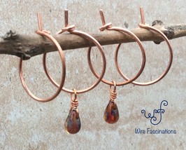 Handmade copper small hoop earrings set: wire wrapped art glass drop bea... - $20.00