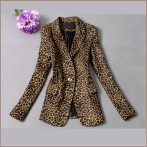 Retro Turn Down Collar Single Button Brown Leopard Blazer Coat Jacket image 2