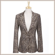 Retro Turn Down Collar Single Button Brown Leopard Blazer Coat Jacket image 4
