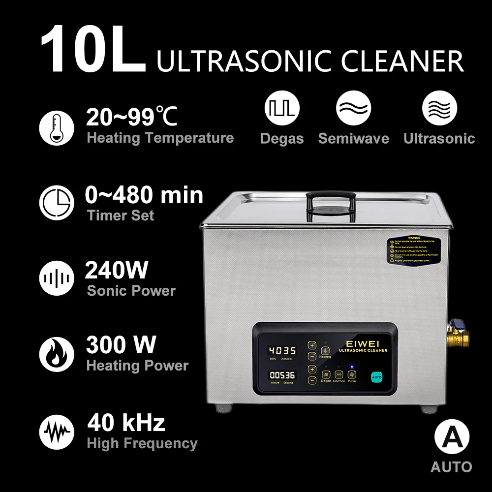 Eiwei 10L Ultrasonic Cleaner Auto Button Start Stainless Steel Portable Wash - £533.87 GBP