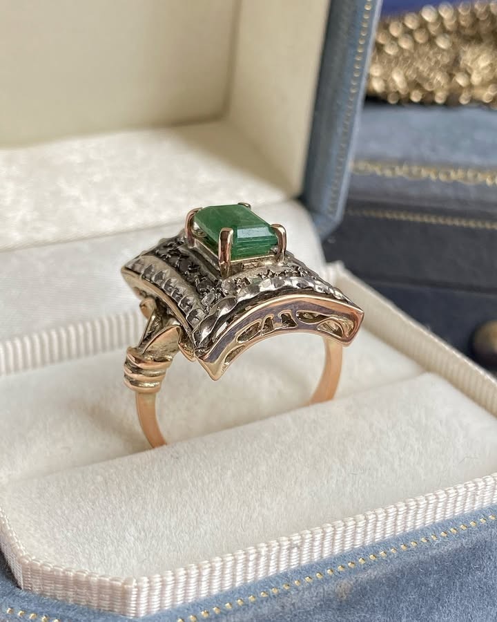 Antique 12K Gold Silver Ring Emerald &amp; Rose Cut Diamonds Handmade - $1,930.50