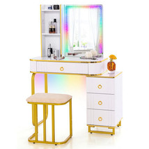 Vanity Table Set with RGB LED Lights and Wireless Charging Station-White - Colo - £279.08 GBP