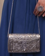 Exclusive Hand Carved silver clutch Antique Purse Wallet Hand Bag Kundan JewelrO - £56.65 GBP