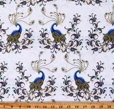 Cotton Metallic Gold Peacock Flourish on White Fabric Print by the Yard D760.35 - £10.35 GBP