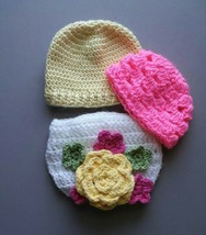 Handmade Crocheted Baby Diaper Cover W/Flowers &amp; 2 Hats-Great Baby Photo Prop - £9.37 GBP