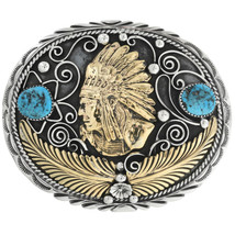 Turquoise Silver Gold Belt Buckle INDIAN CHIEF Head Southwest Native Sty... - £464.43 GBP