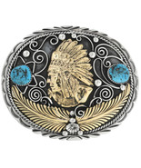 Turquoise Silver Gold Belt Buckle INDIAN CHIEF Head Southwest Native Sty... - £465.53 GBP
