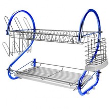 MegaChef 16 Inch Two Shelf Iron Wire Dish Rack in Blue - £50.79 GBP