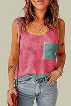 Strawberry Pink Color Block Patched Pocket Breathable Knit Tank Top - £13.89 GBP