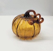 Art Glass Crackle Pumpkin Gourd Hand Blown Amber Twisted Stem Fall Table... - £18.42 GBP