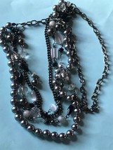 Long Oxidized Silvertone Chain w Multistrand Gray White &amp; Black Beads Necklace   - £10.29 GBP