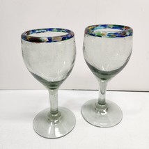 Mexican Confetti Rimmed Heavy Hand Blown Art Wine/Water Goblet Glasses S... - $24.18