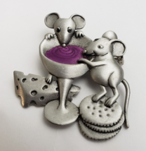 Vtg JJ Jonette Brooch Pin Party Mice Pewter Purple Wine Cheese Crackers Signed - £19.86 GBP