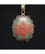 Vintage 35.00ctw Natural Green &amp; Red Turquoise Gold Vermeil Pendant 34.3g - £74.95 GBP