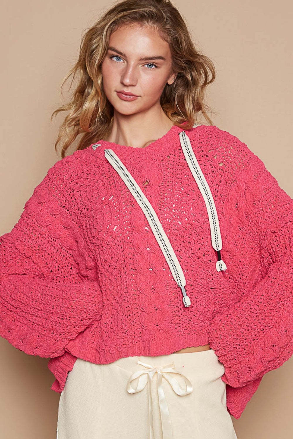Cable Knit Hooded Fuchsia Chenille Sweater - $49.00