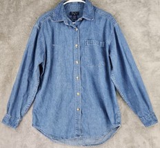 Eddie Bauer Denim Shirt Womens Medium Blue Button Up Long Sleeve 90s Vintage - £28.21 GBP