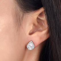 1 Carat Pear Cut Created Diamond Halo 925 Sterling Silver Stud Earrings Gold Fn - £61.88 GBP