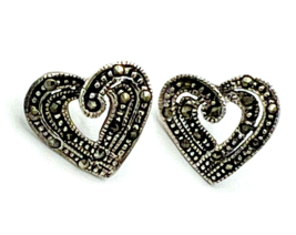 Vintage 925 Sterling Silver Marcasite Heart Stud Earrings - £26.69 GBP