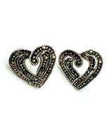 Vintage 925 Sterling Silver Marcasite Heart Stud Earrings - $33.66