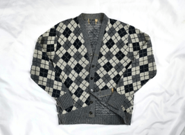 1950s 1960s MCM Grey Argyle Button Down Rockabilly Knit Cardigan Sweater Sz L - £68.23 GBP