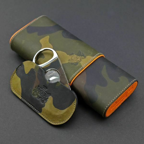 The &quot;Show Band&quot; 3 Cigar Case - Camouflage and Orange Leather - $149.00