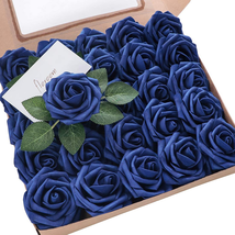 Artificial Flowers 25Pcs Real Looking Royal Blue Foam Fake Roses with Stems for - £17.94 GBP