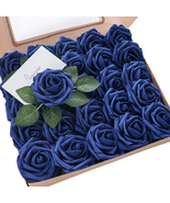Artificial Flowers 25Pcs Real Looking Royal Blue Foam Fake Roses with St... - £17.66 GBP